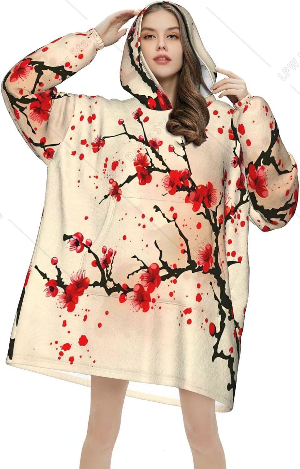 Sherpa Hoodie Fleece - Red Cherry Blossom Wearable Blanket Hoodie