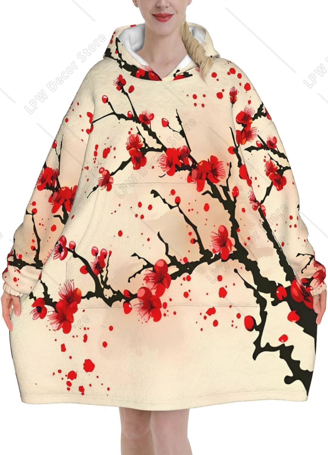 Red Cherry Blossom Wearable Bl - Sherpa Hoodie Fleece review and price